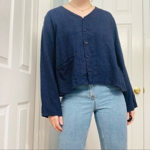 FLAX Shirt Linen Long Sleeve Dark Blue Button Up Minimalist Lagenlook Size Small